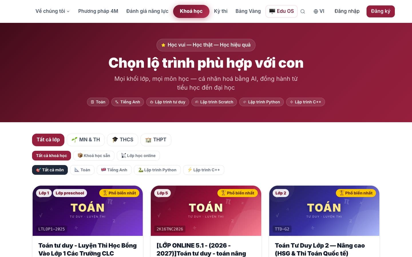 Real course catalog on avab.vn — maths, English and coding across every grade