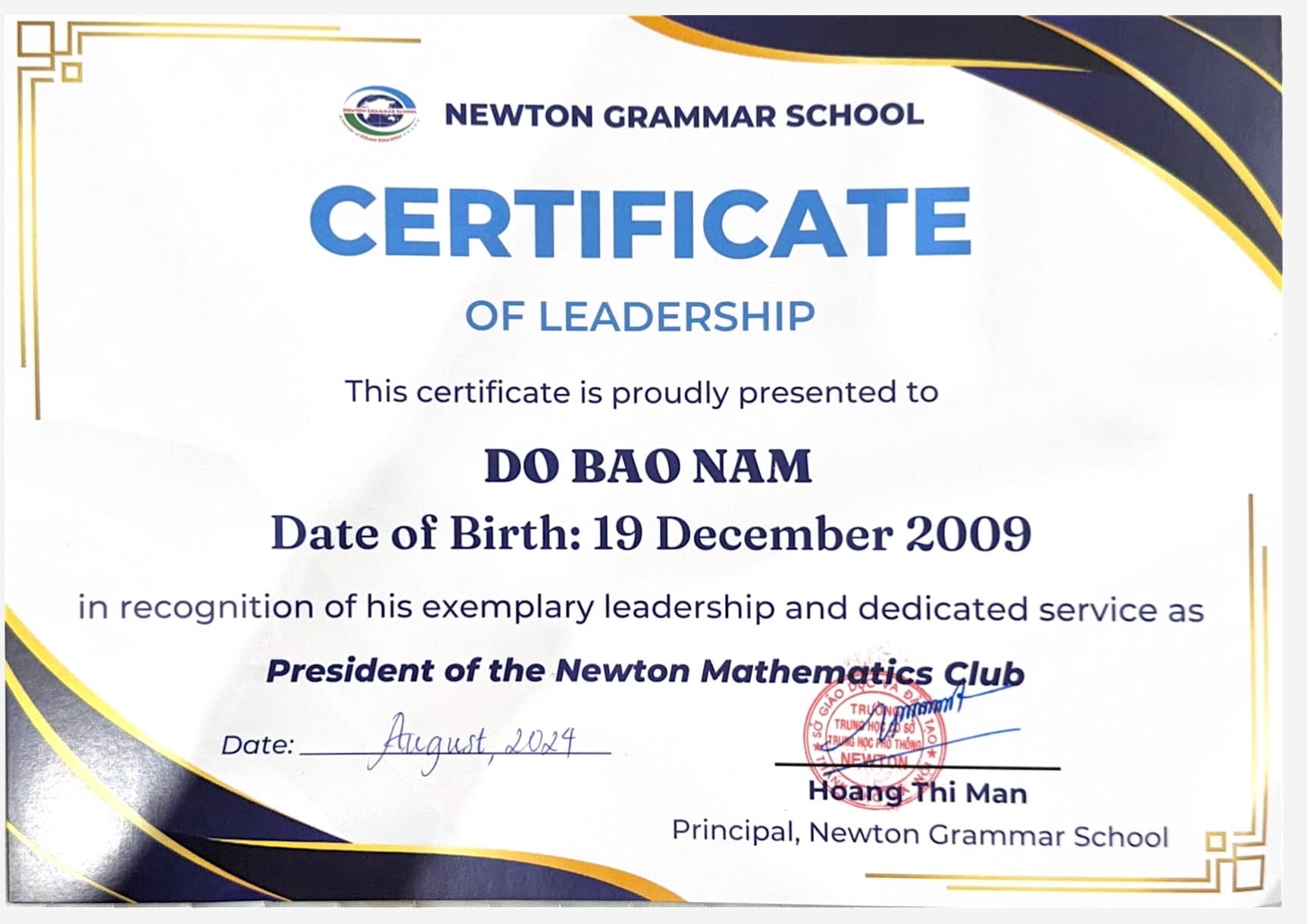 President's certificate — Newton Mathematics Club