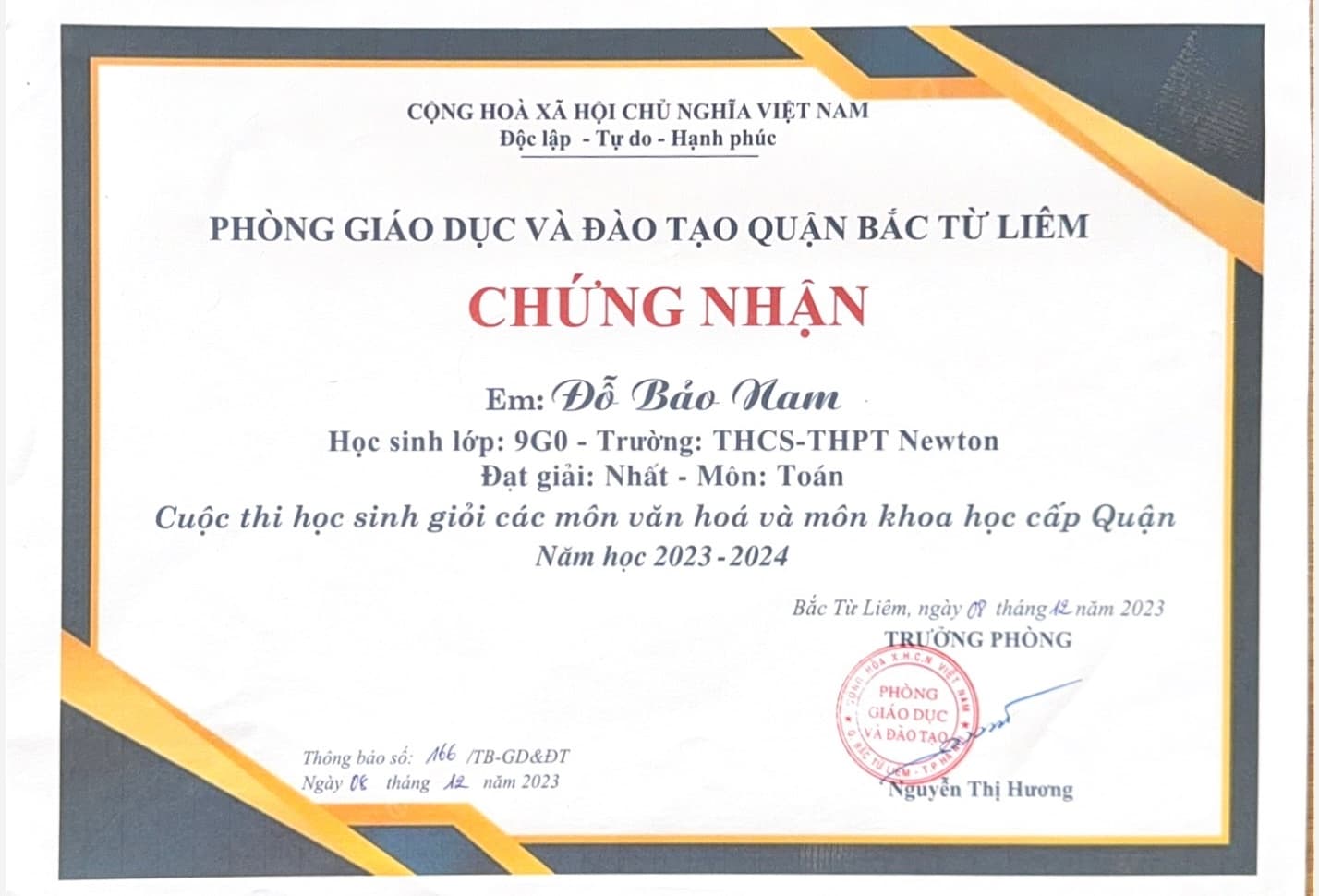 1st Prize — District mathematics