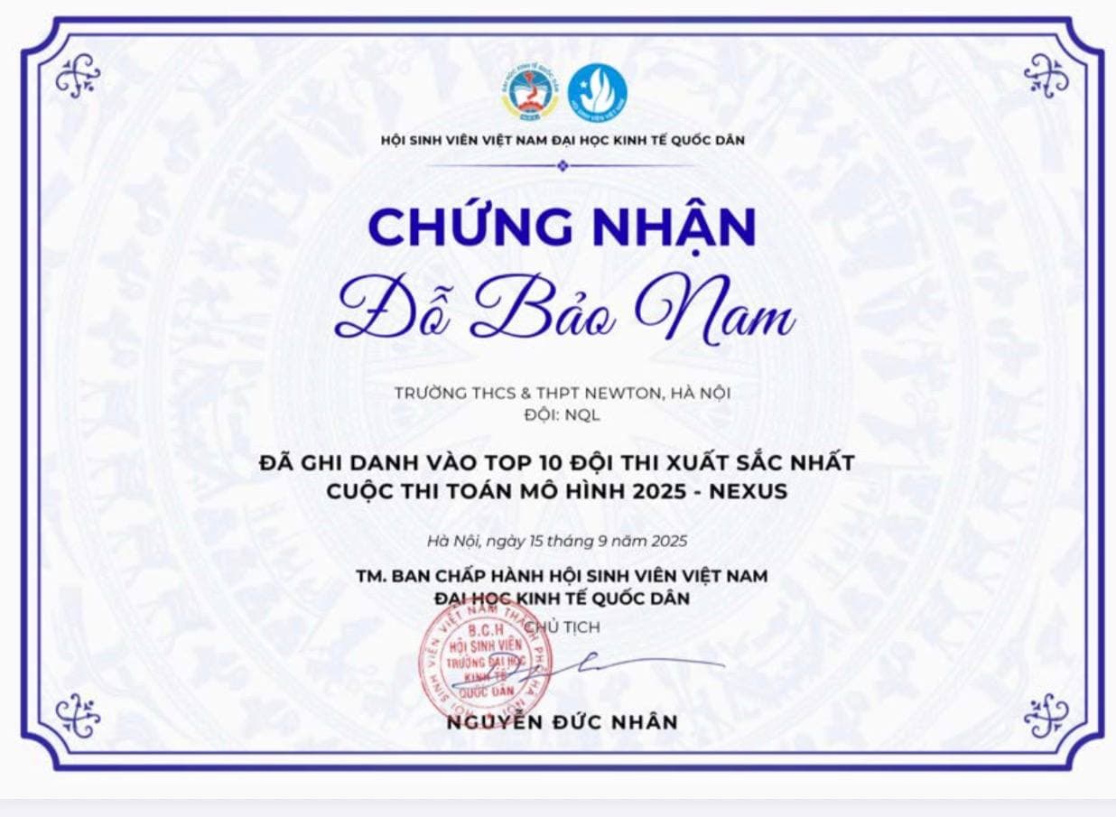 Top-10 certificate, NEXUS 2025 Mathematical-Modeling Contest