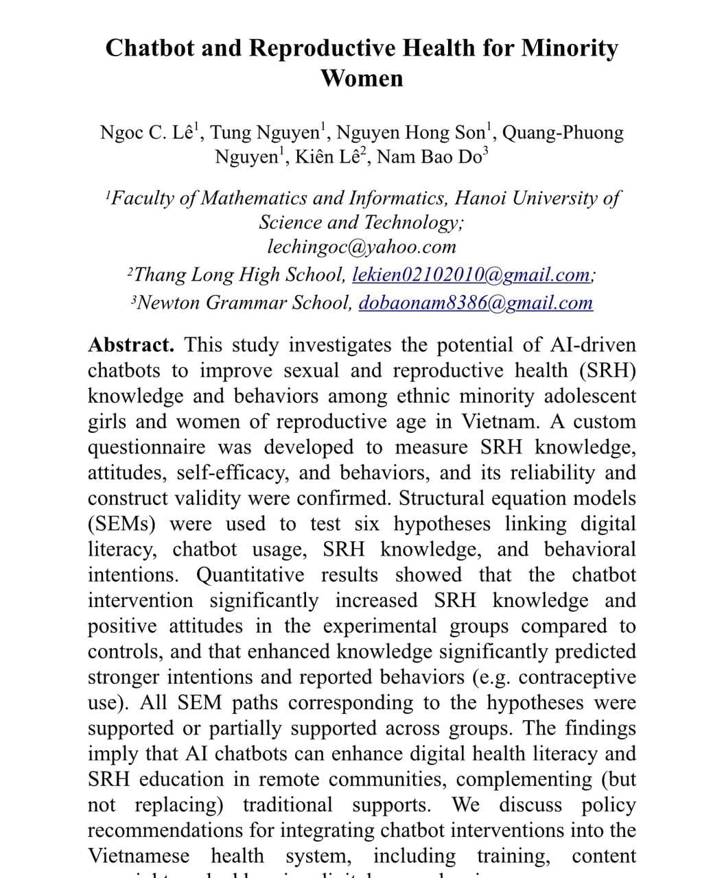 First page of the co-authored paper 'Chatbot and Reproductive Health for Minority Women'
